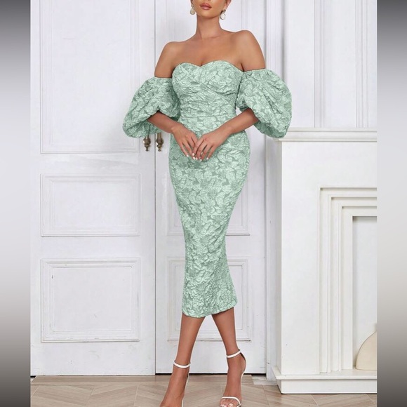 Luxe dusty blue floral jacquard off shoulder party formal evening dress - Picture 4 of 16